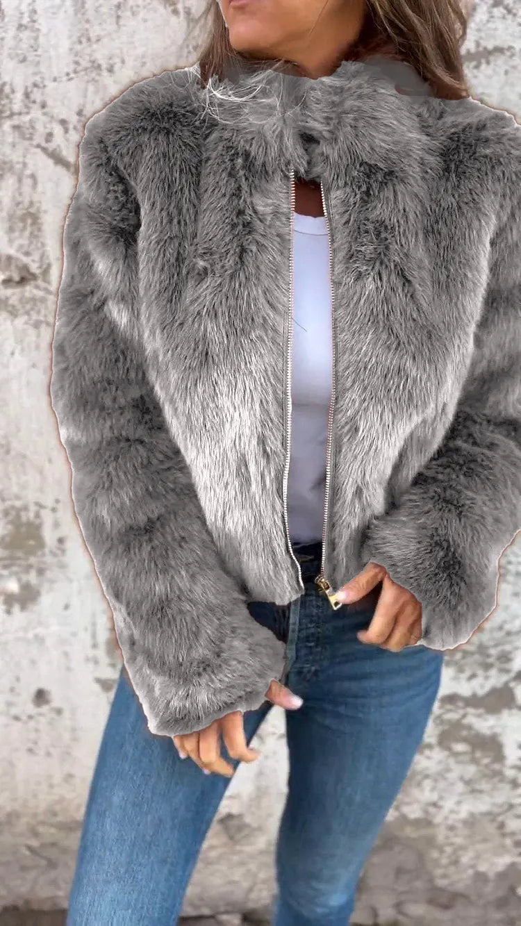 Faux Fur Cropped Jacket with High Collar