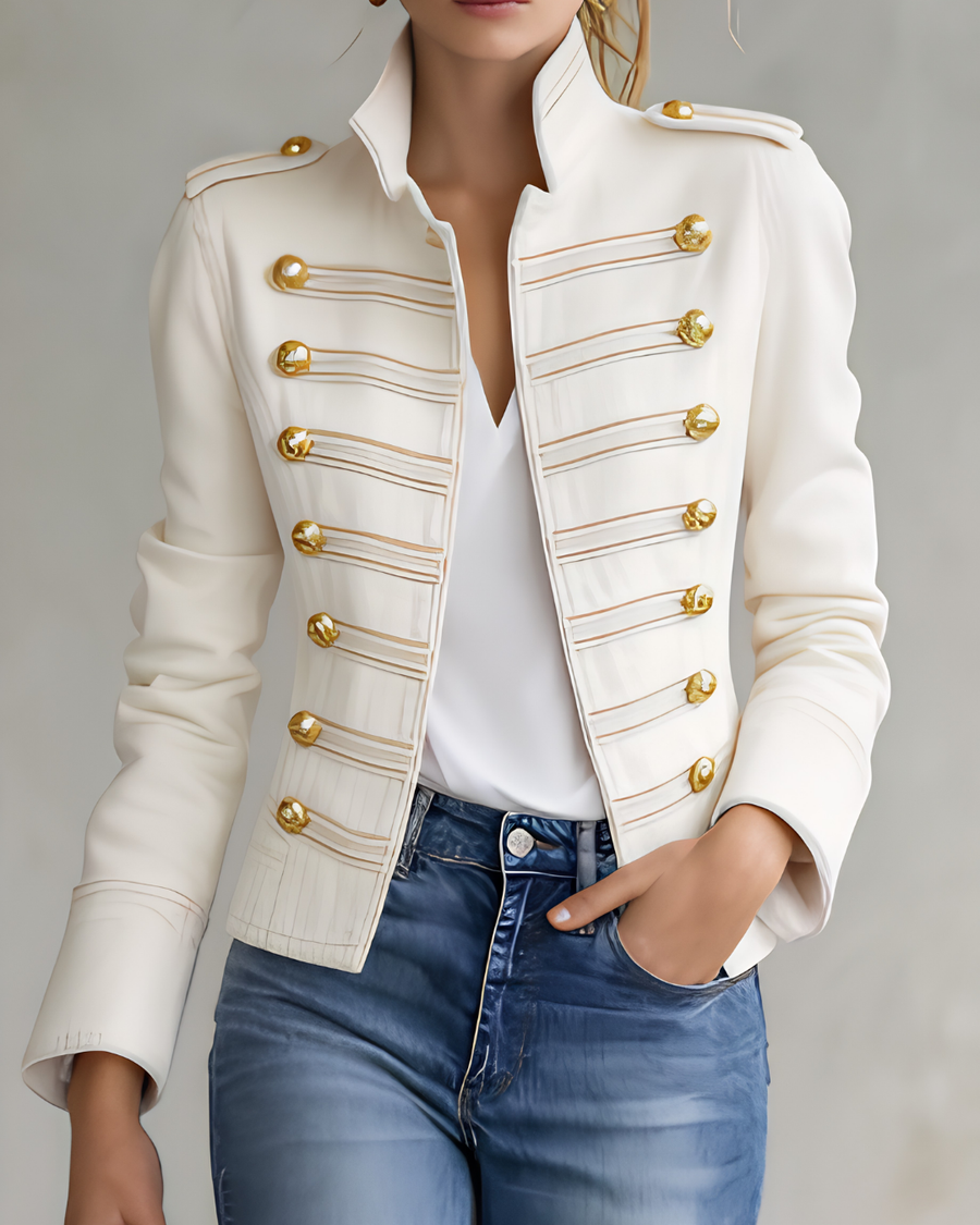 Military-Style Denim Jacket with Gold Buttons