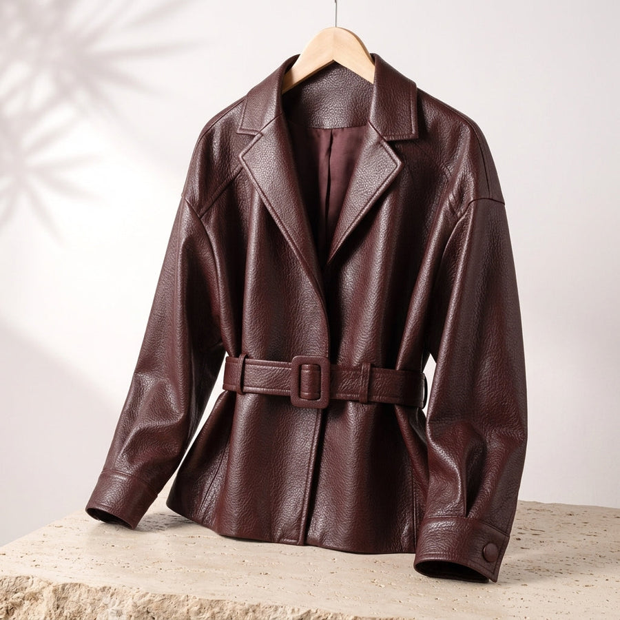 Leather-Look Belted Jacket with Wide Collar