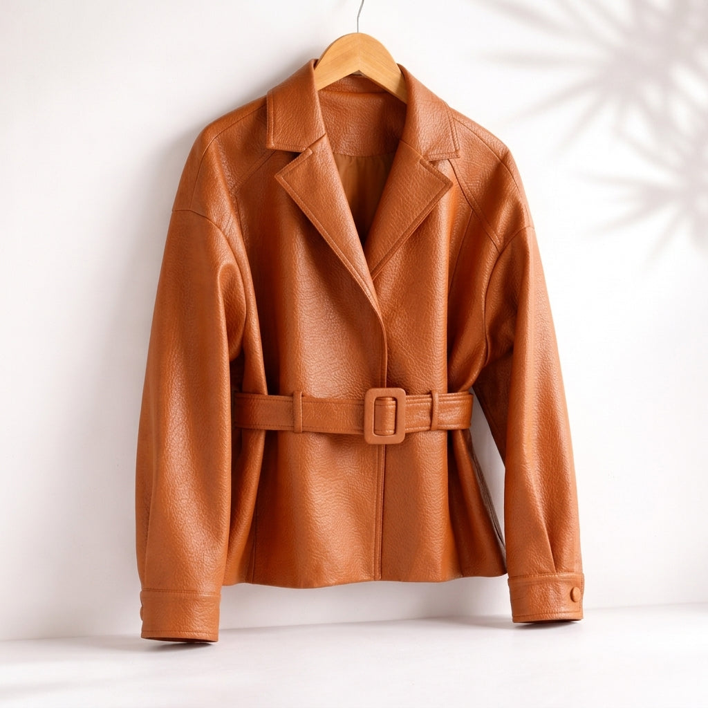 Leather-Look Belted Jacket with Wide Collar