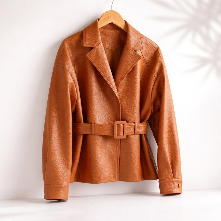 Leather-Look Belted Jacket with Wide Collar