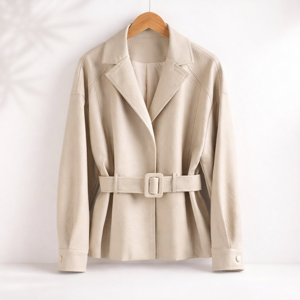 Leather-Look Belted Jacket with Wide Collar