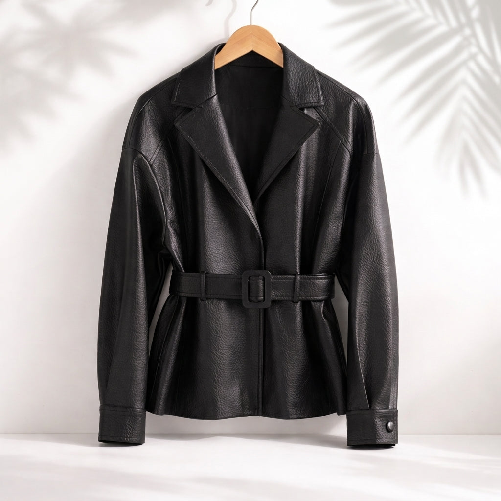 Leather-Look Belted Jacket with Wide Collar