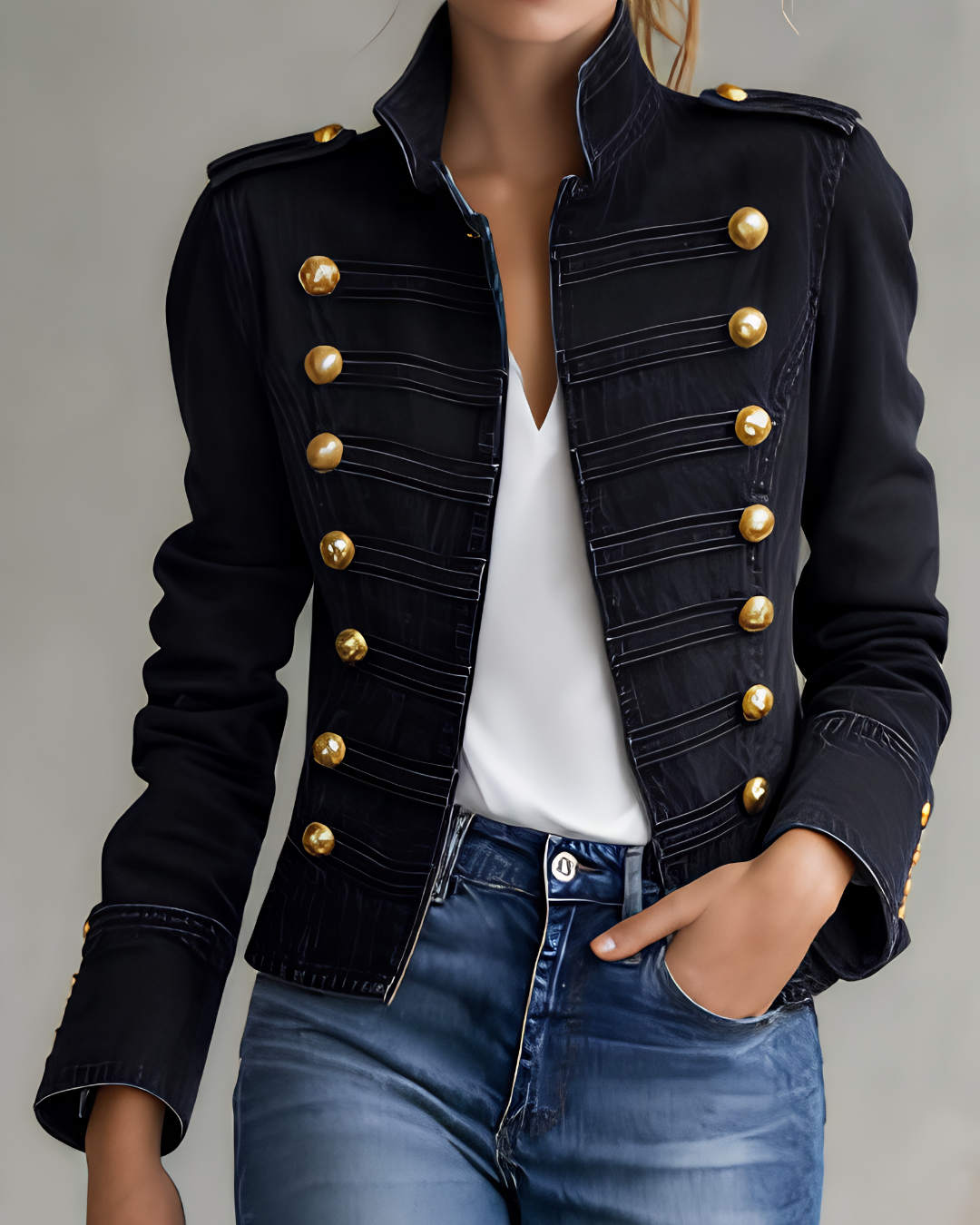 Military-Style Denim Jacket with Gold Buttons