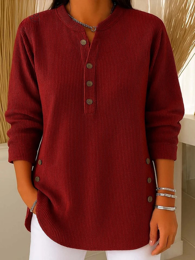 Women's Ribbed Henley Tunic Top with Side Buttons