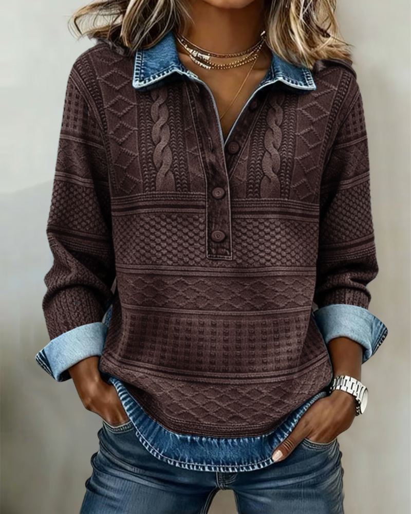 Cable Knit Jumper with Denim Collar