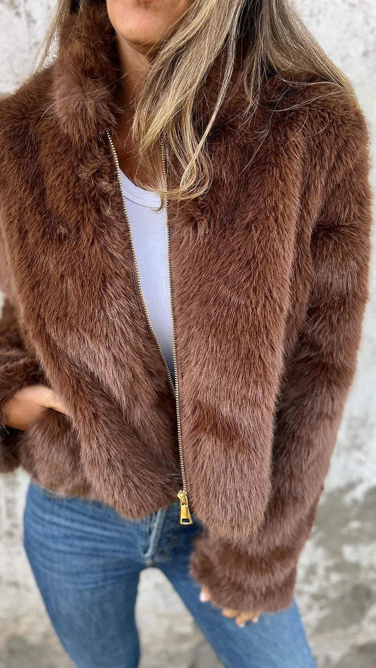 Faux Fur Cropped Jacket with High Collar