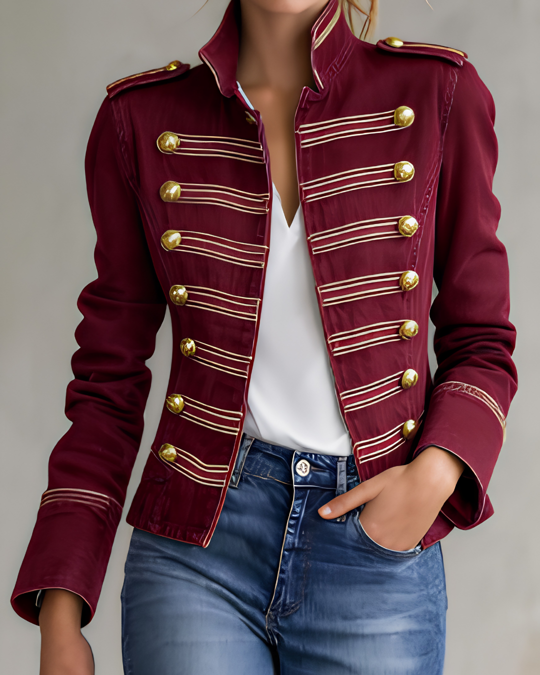 Military-Style Denim Jacket with Gold Buttons