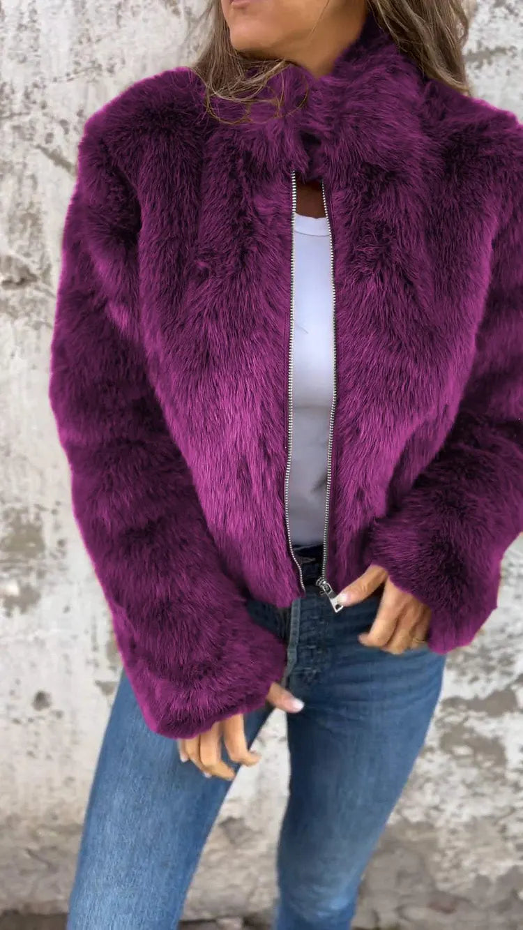 Faux Fur Cropped Jacket with High Collar