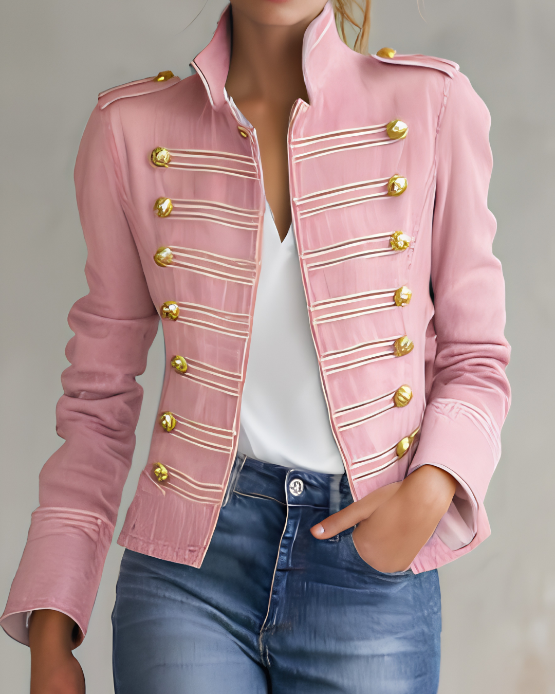 Military-Style Denim Jacket with Gold Buttons