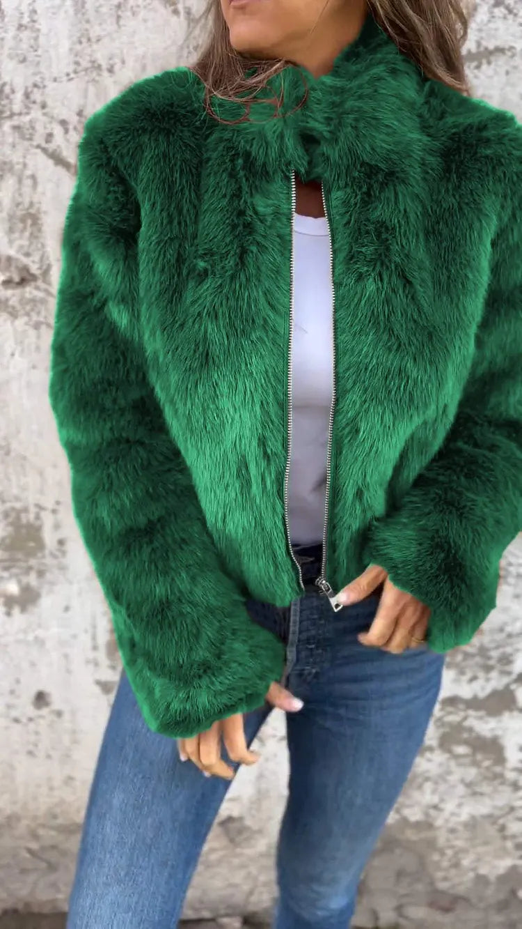 Faux Fur Cropped Jacket with High Collar