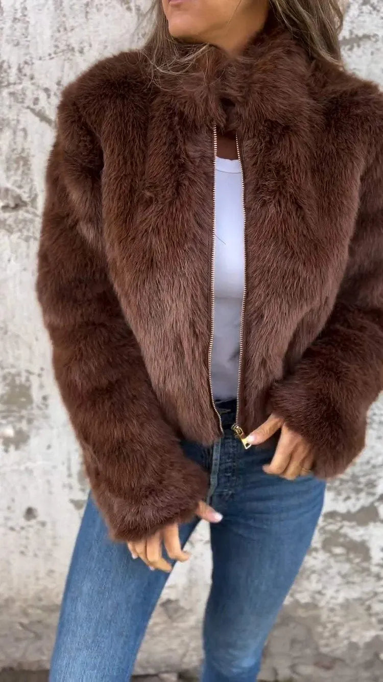Faux Fur Cropped Jacket with High Collar