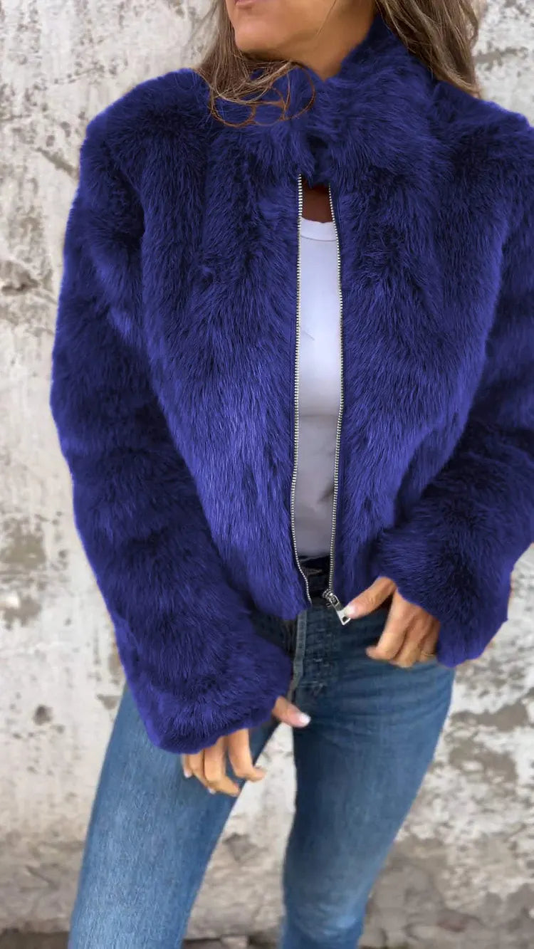 Faux Fur Cropped Jacket with High Collar