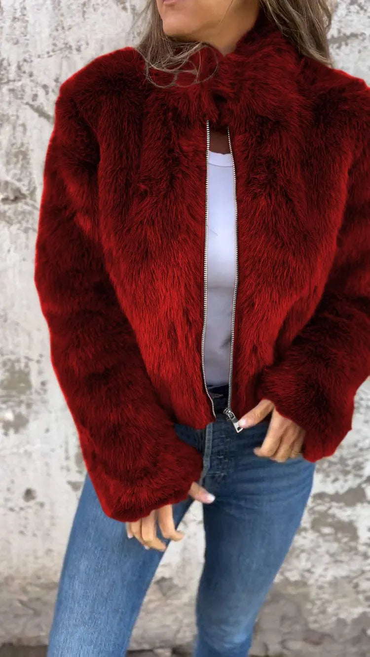 Faux Fur Cropped Jacket with High Collar