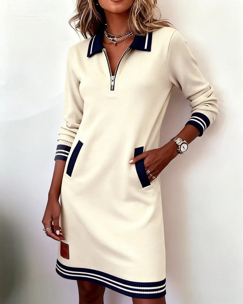 Casual Short Sweatshirt Dress with Contrast Trim and Zip Collar