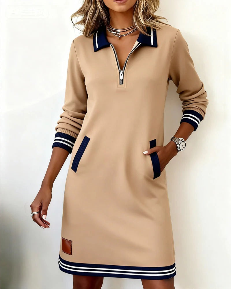 Casual Short Sweatshirt Dress with Contrast Trim and Zip Collar