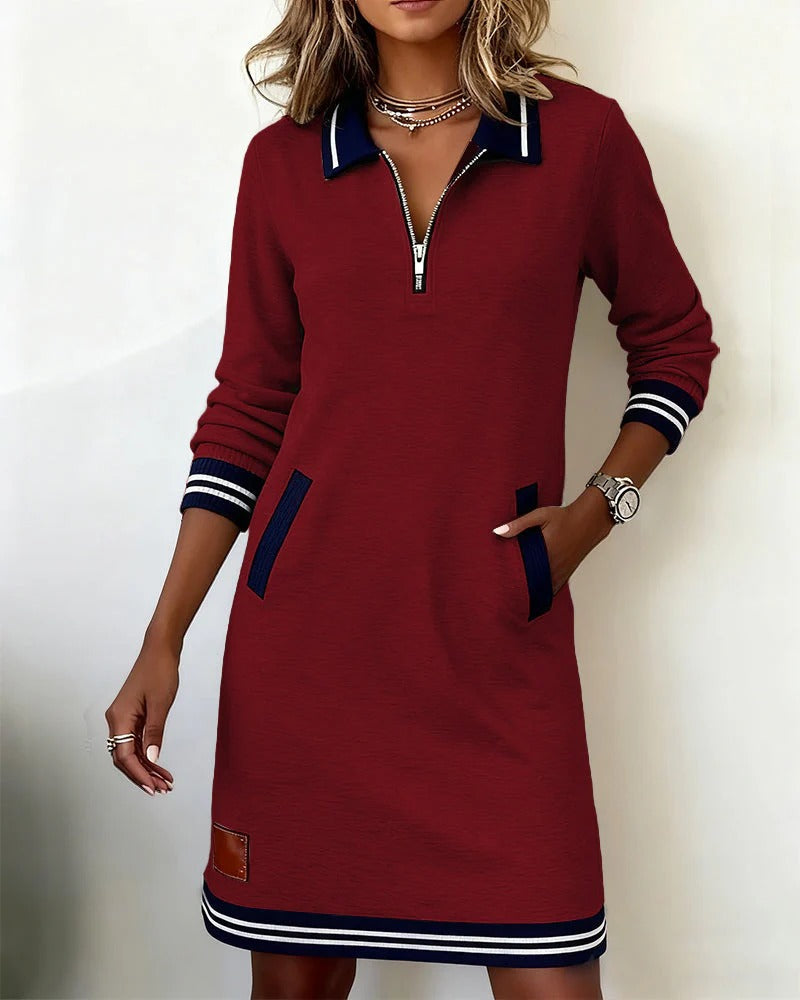 Casual Short Sweatshirt Dress with Contrast Trim and Zip Collar