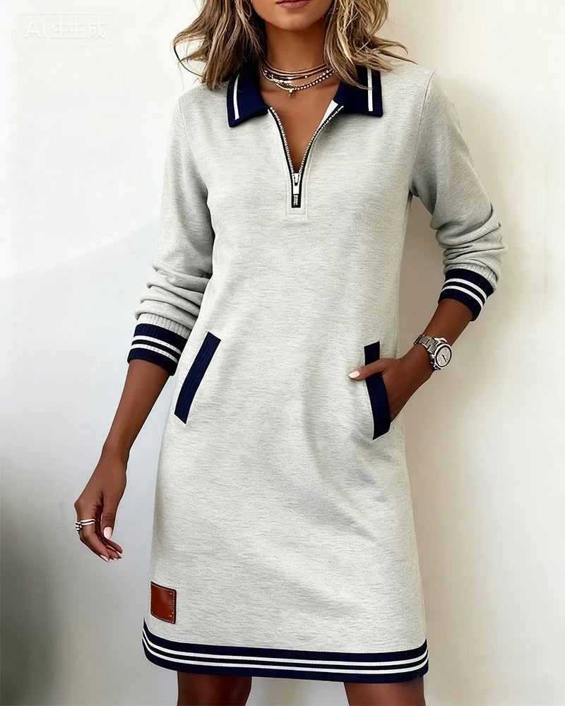 Casual Short Sweatshirt Dress with Contrast Trim and Zip Collar