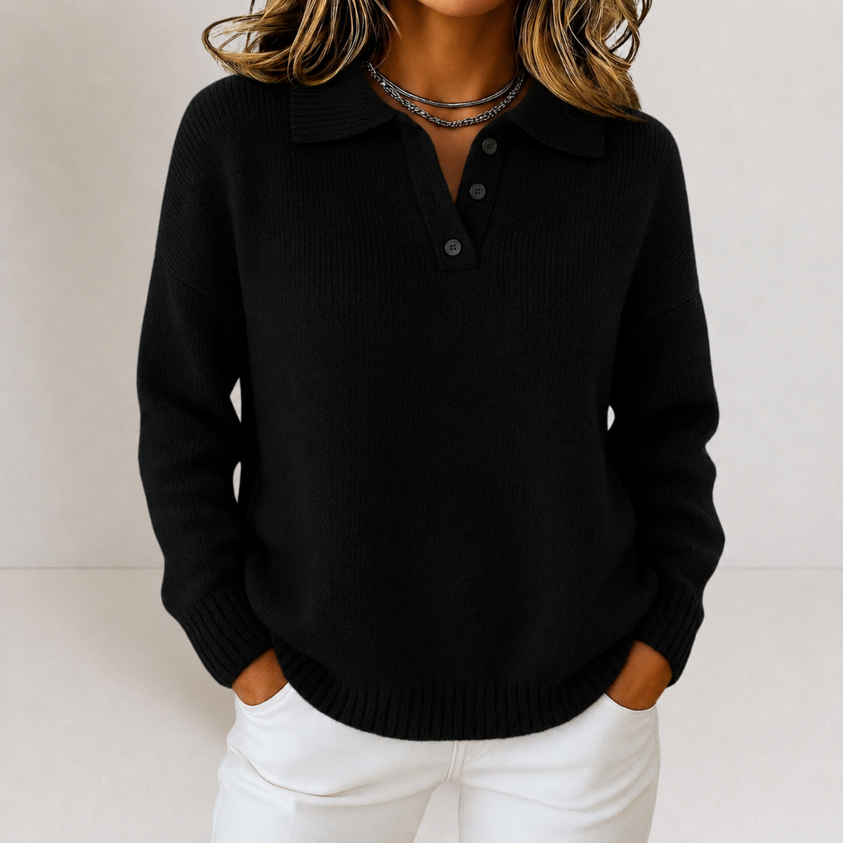 Knit Jumper with Polo Collar and Buttons