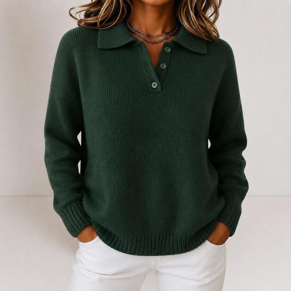 Knit Jumper with Polo Collar and Buttons