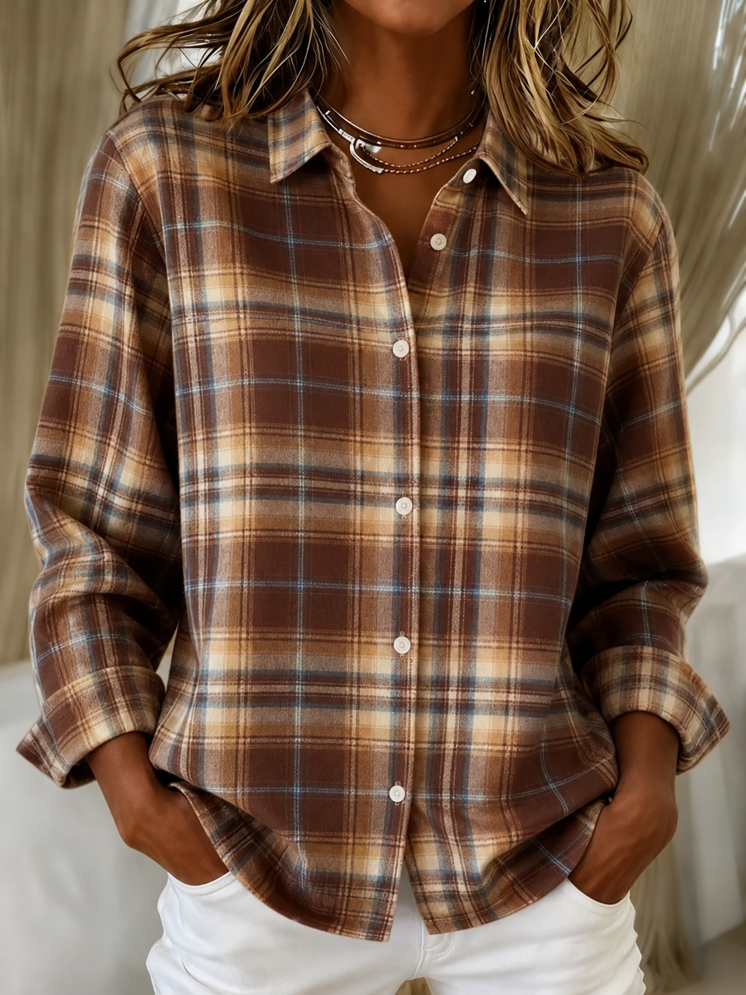 Check Cardigan with Shirt Collar