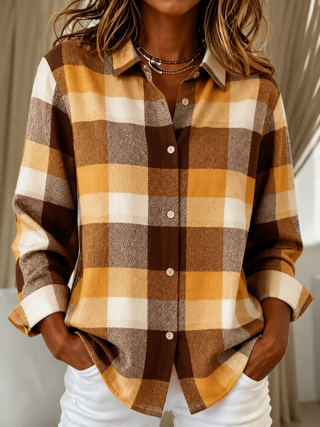 Check Cardigan with Shirt Collar