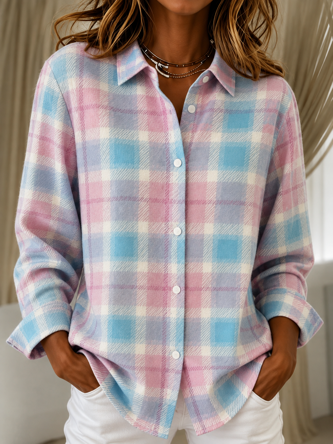 Check Cardigan with Shirt Collar