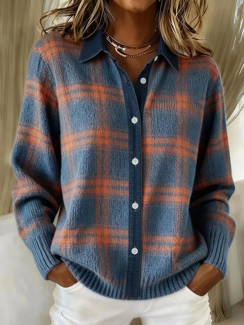 Check Cardigan with Shirt Collar