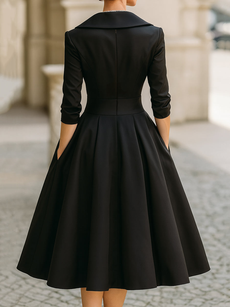 Elegant A-Line Midi Dress with Wrap Bodice and Flared Skirt