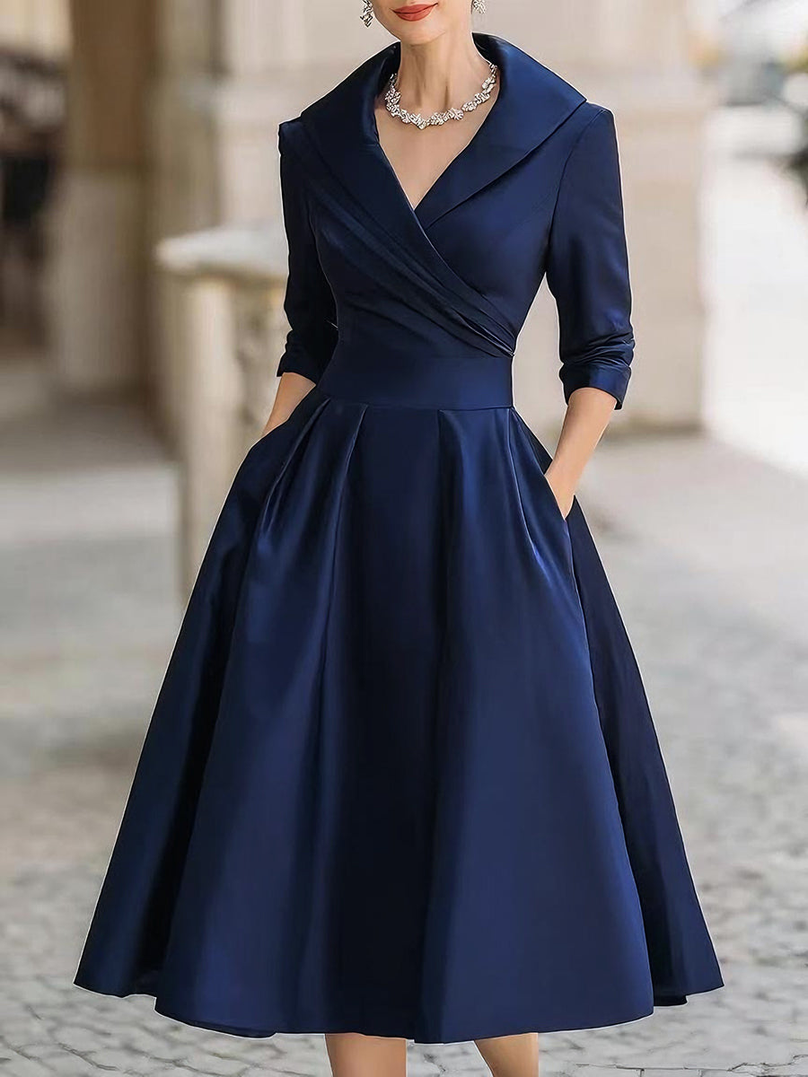 Elegant A-Line Midi Dress with Wrap Bodice and Flared Skirt