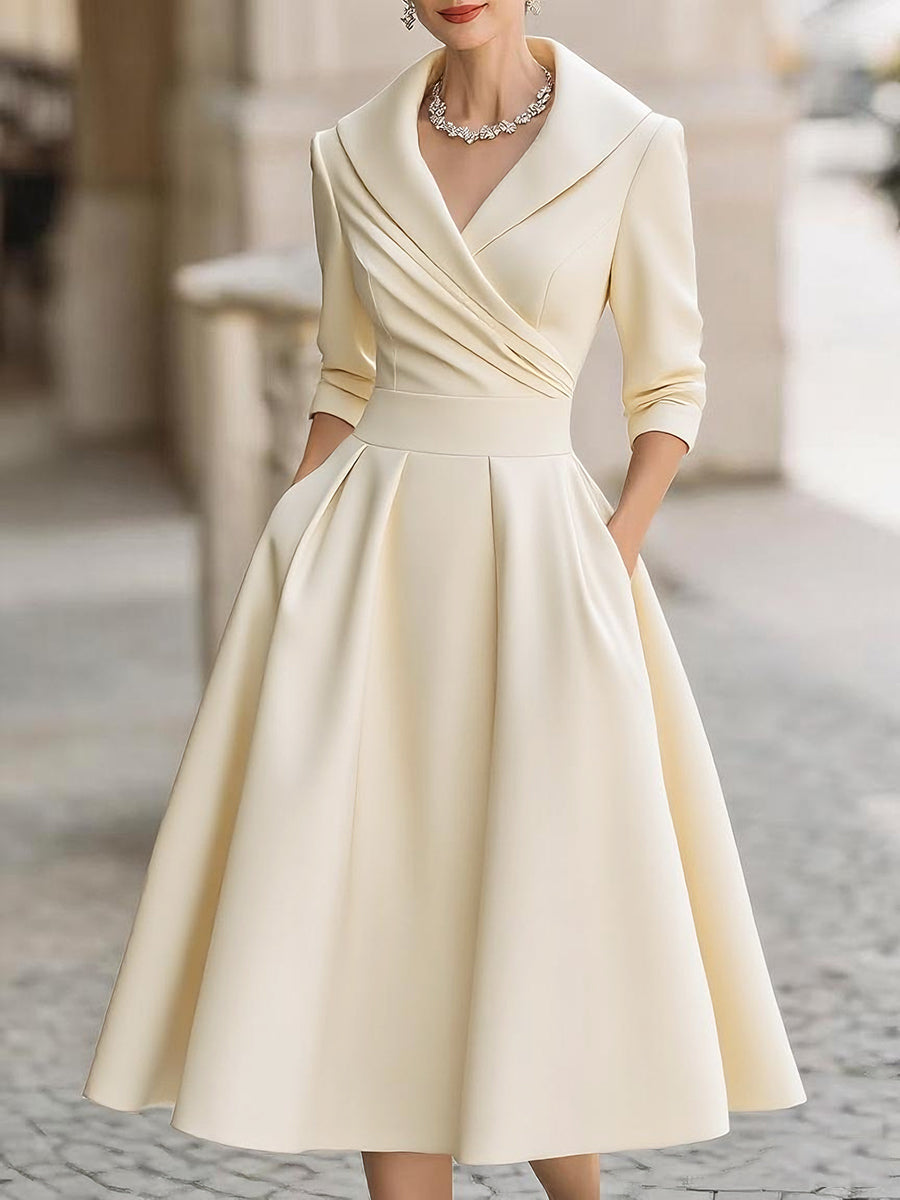 Elegant A-Line Midi Dress with Wrap Bodice and Flared Skirt