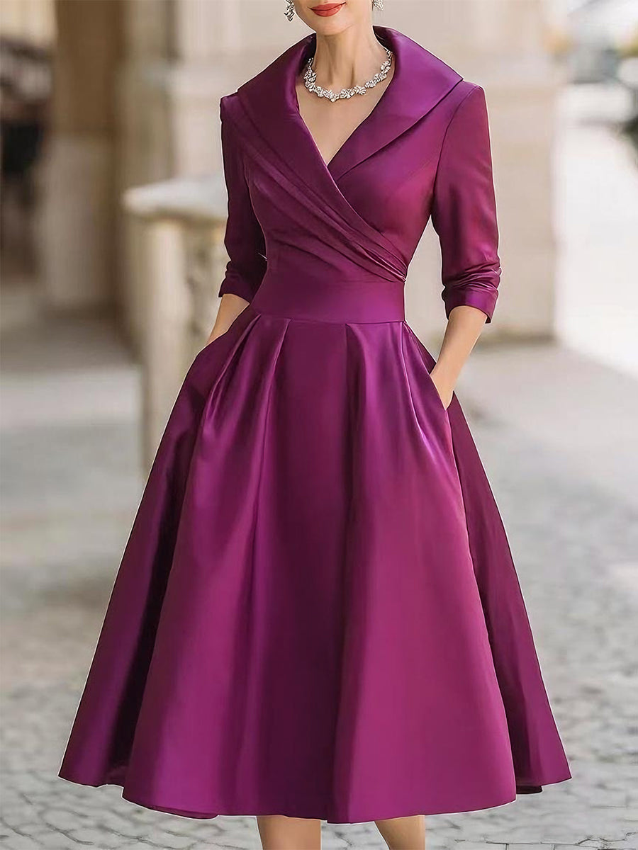 Elegant A-Line Midi Dress with Wrap Bodice and Flared Skirt