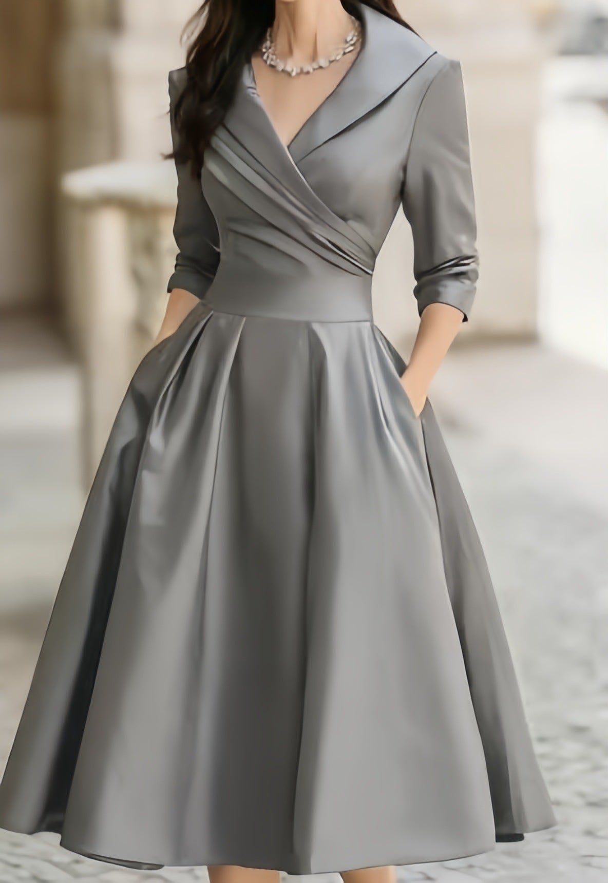 Elegant A-Line Midi Dress with Wrap Bodice and Flared Skirt