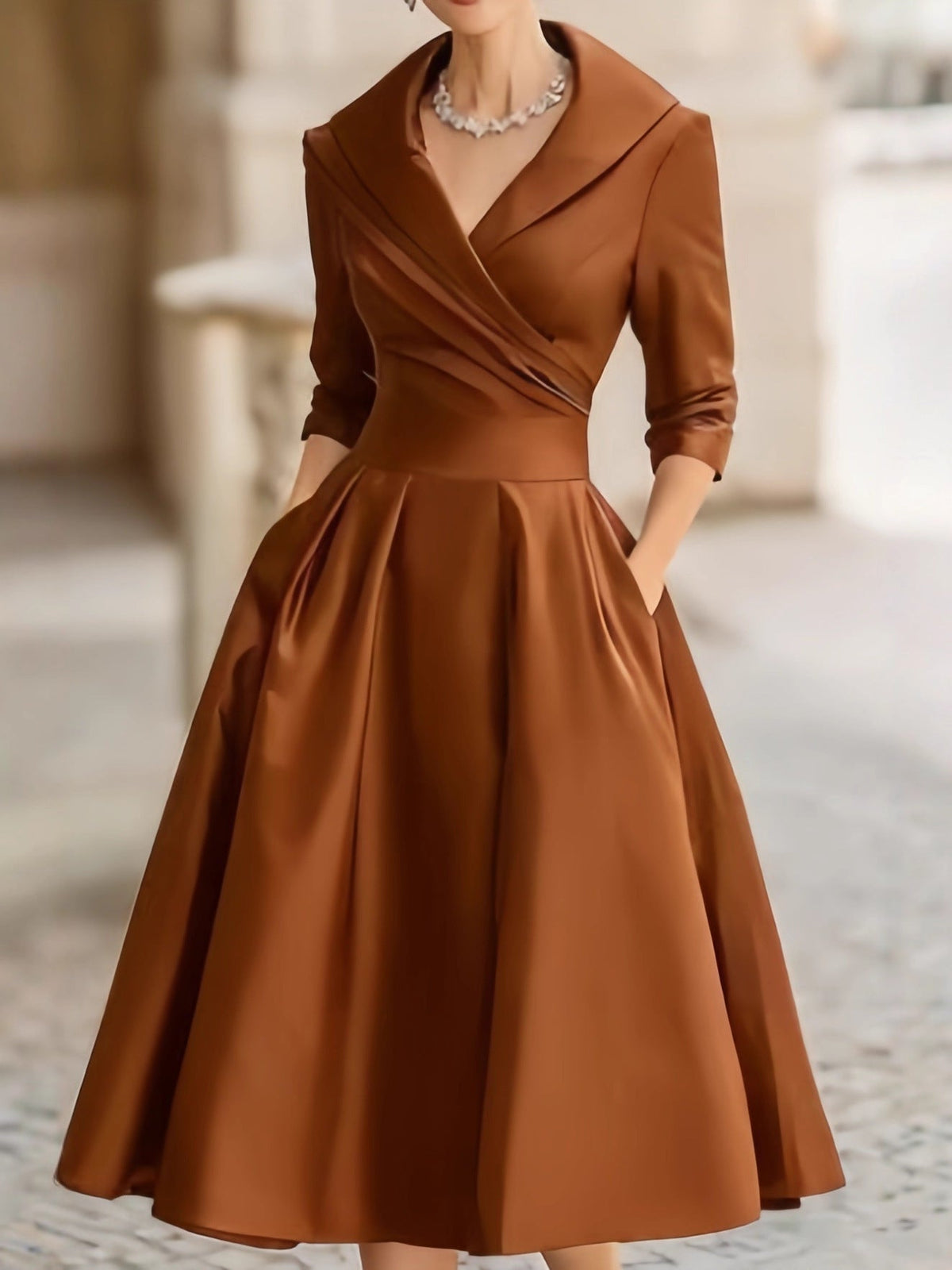 Elegant A-Line Midi Dress with Wrap Bodice and Flared Skirt