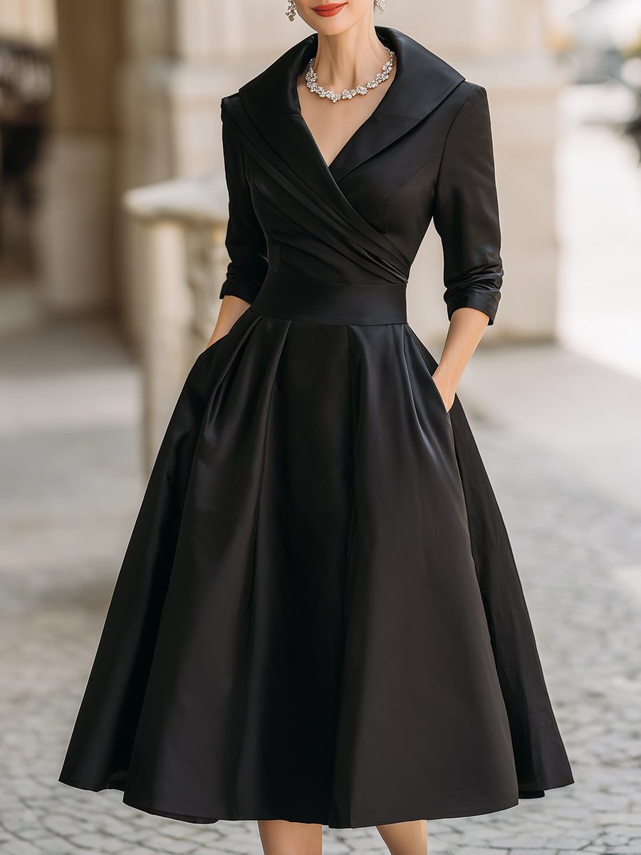 Elegant A-Line Midi Dress with Wrap Bodice and Flared Skirt
