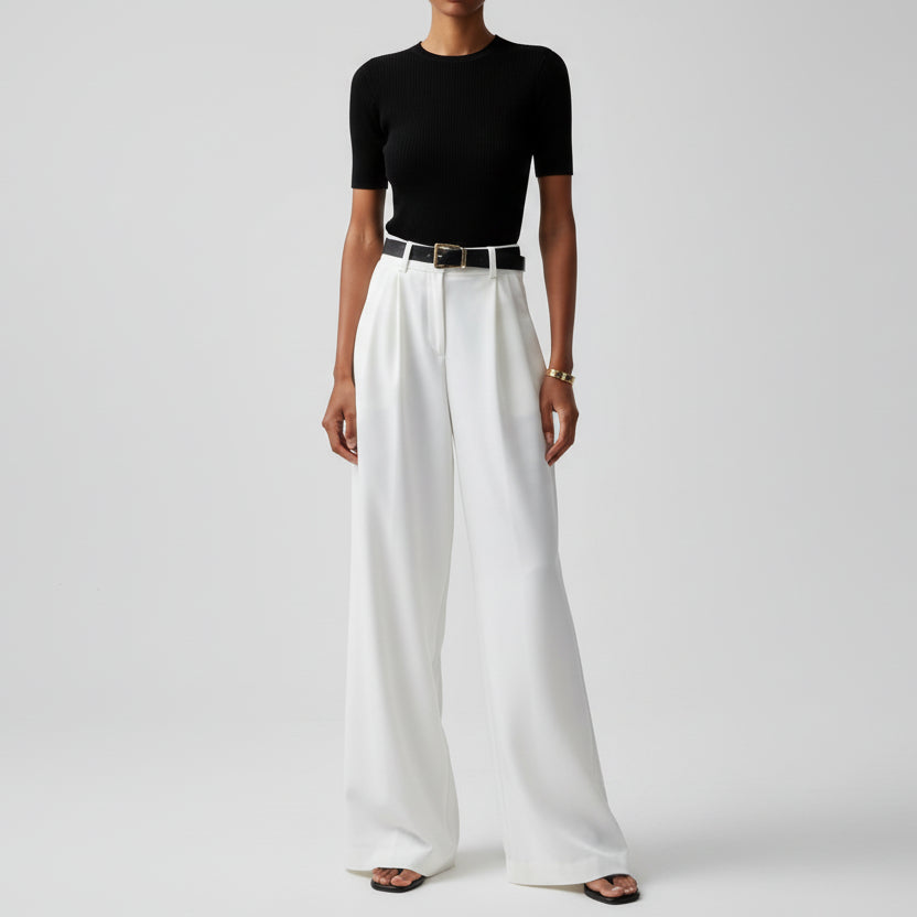 Elegant High Waisted Wide Leg Trousers with Front Pleats