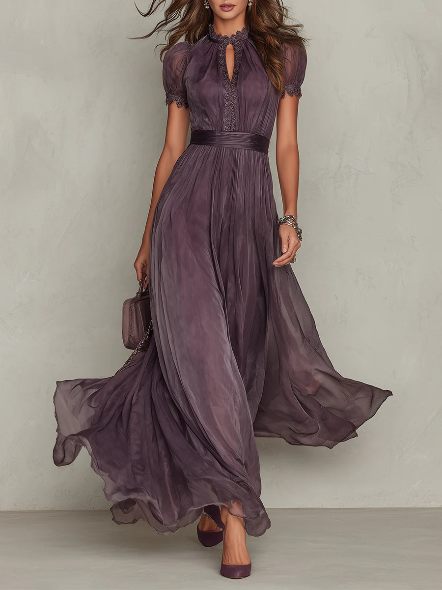 Elegant Mauve Chiffon Maxi Dress with Lace and Satin Belt