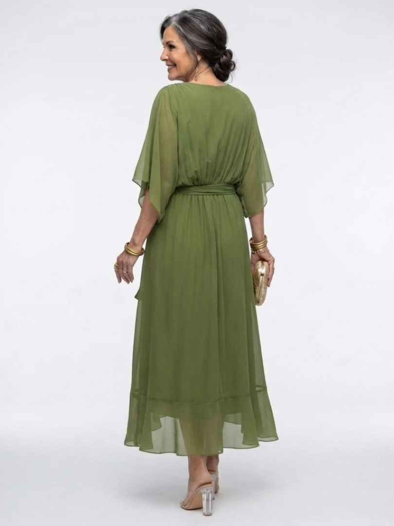 Elegant Wrap Midi Dress with Kimono Sleeves and Tie Waist