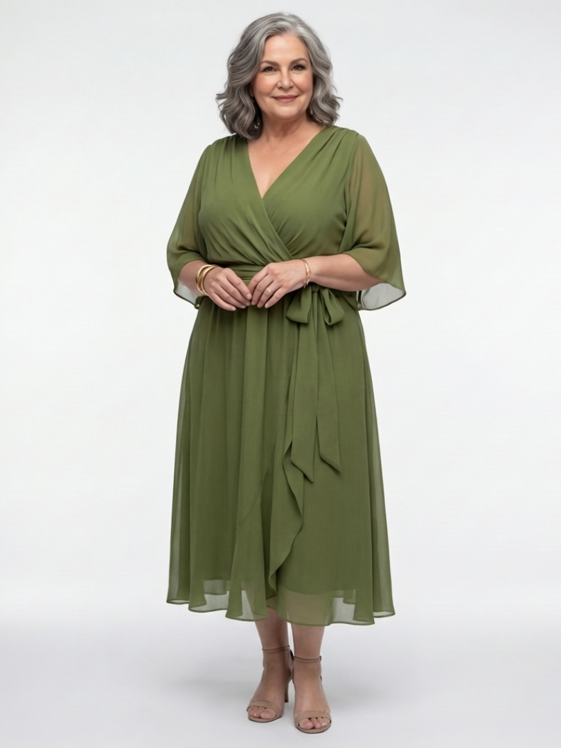 Elegant Wrap Midi Dress with Kimono Sleeves and Tie Waist