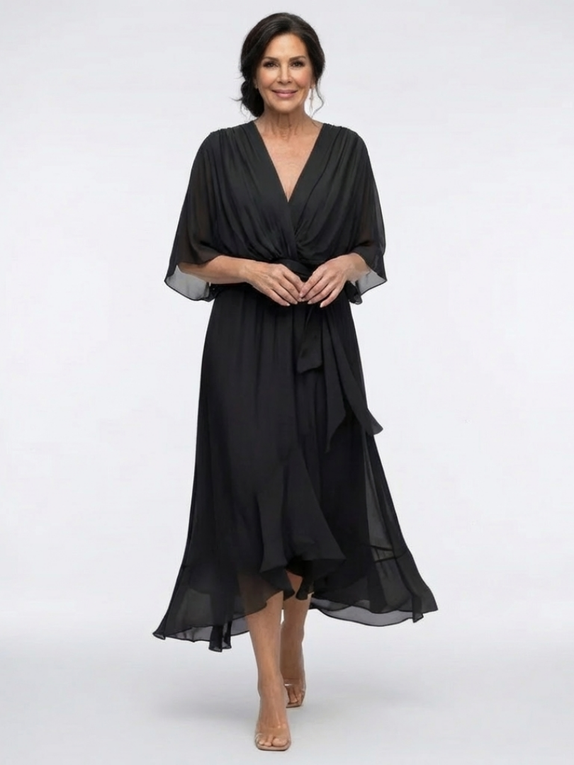 Elegant Wrap Midi Dress with Kimono Sleeves and Tie Waist