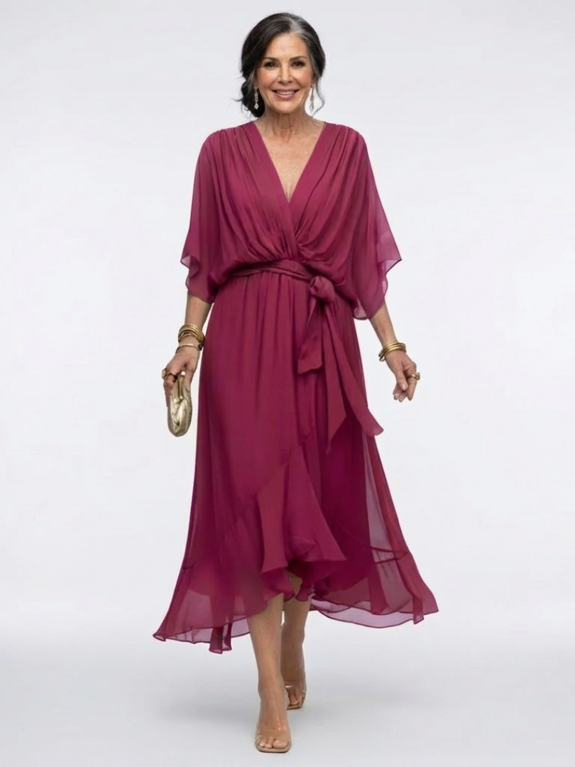 Elegant Wrap Midi Dress with Kimono Sleeves and Tie Waist