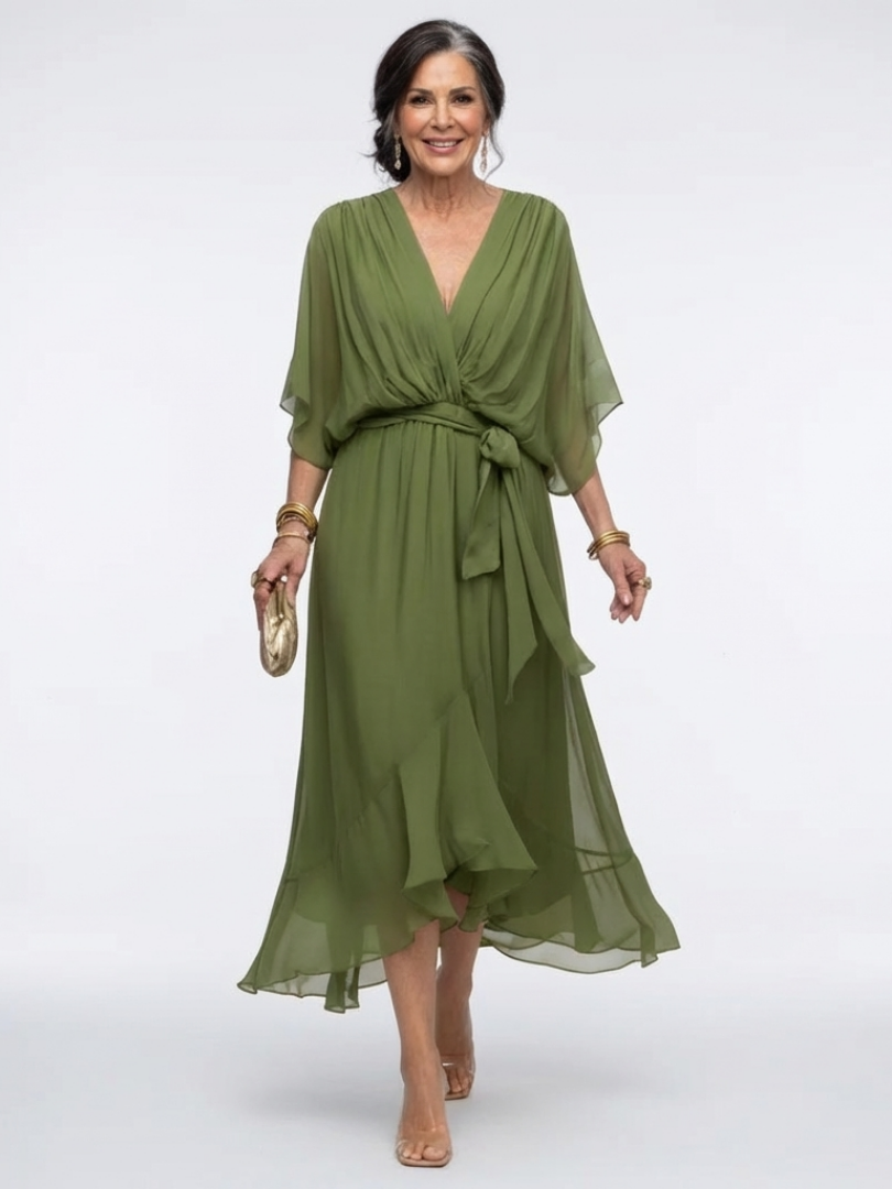 Elegant Wrap Midi Dress with Kimono Sleeves and Tie Waist