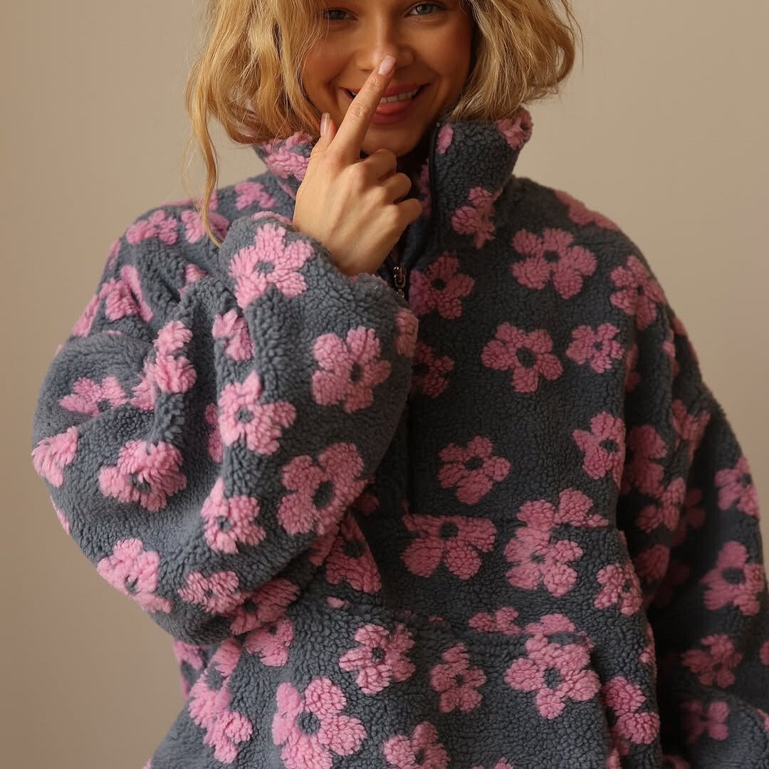 Oversized Floral Fleece Jacket with Half Zip