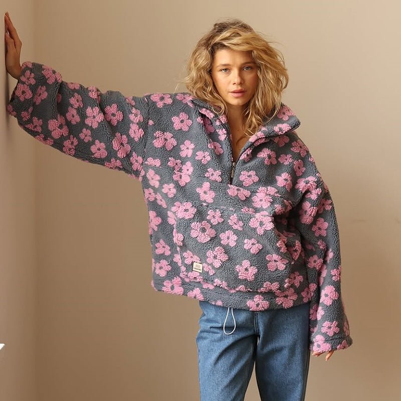 Oversized Floral Fleece Jacket with Half Zip