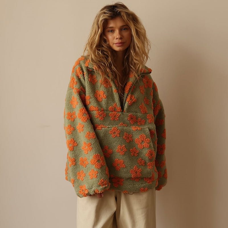 Oversized Floral Fleece Jacket with Half Zip