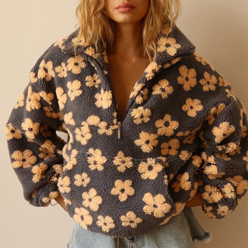 Oversized Floral Fleece Jacket with Half Zip