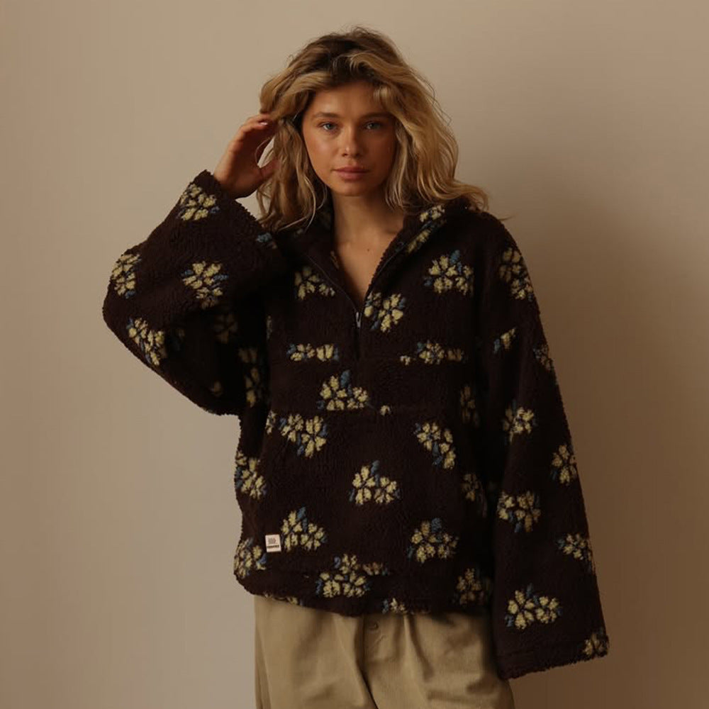 Oversized Floral Fleece Jacket with Half Zip