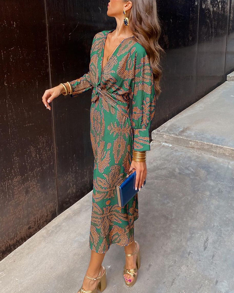Long Sleeve Floral Midi Dress with Knotted Waist