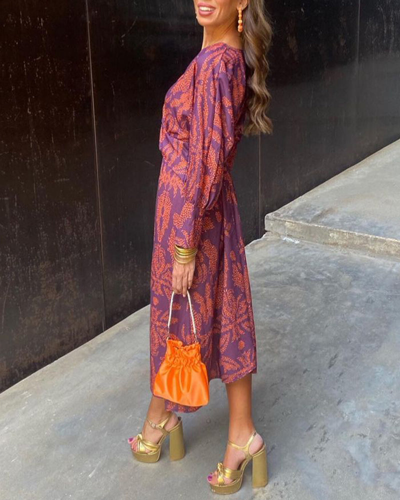 Long Sleeve Floral Midi Dress with Knotted Waist