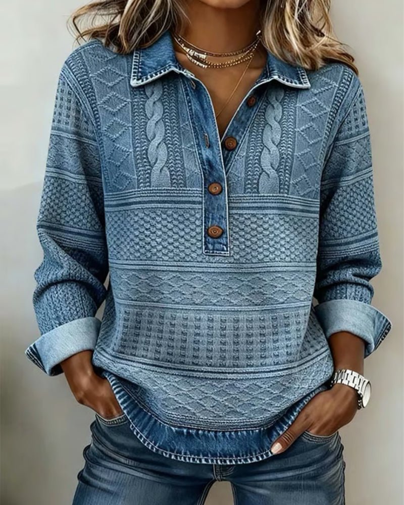 Cable Knit Jumper with Denim Collar